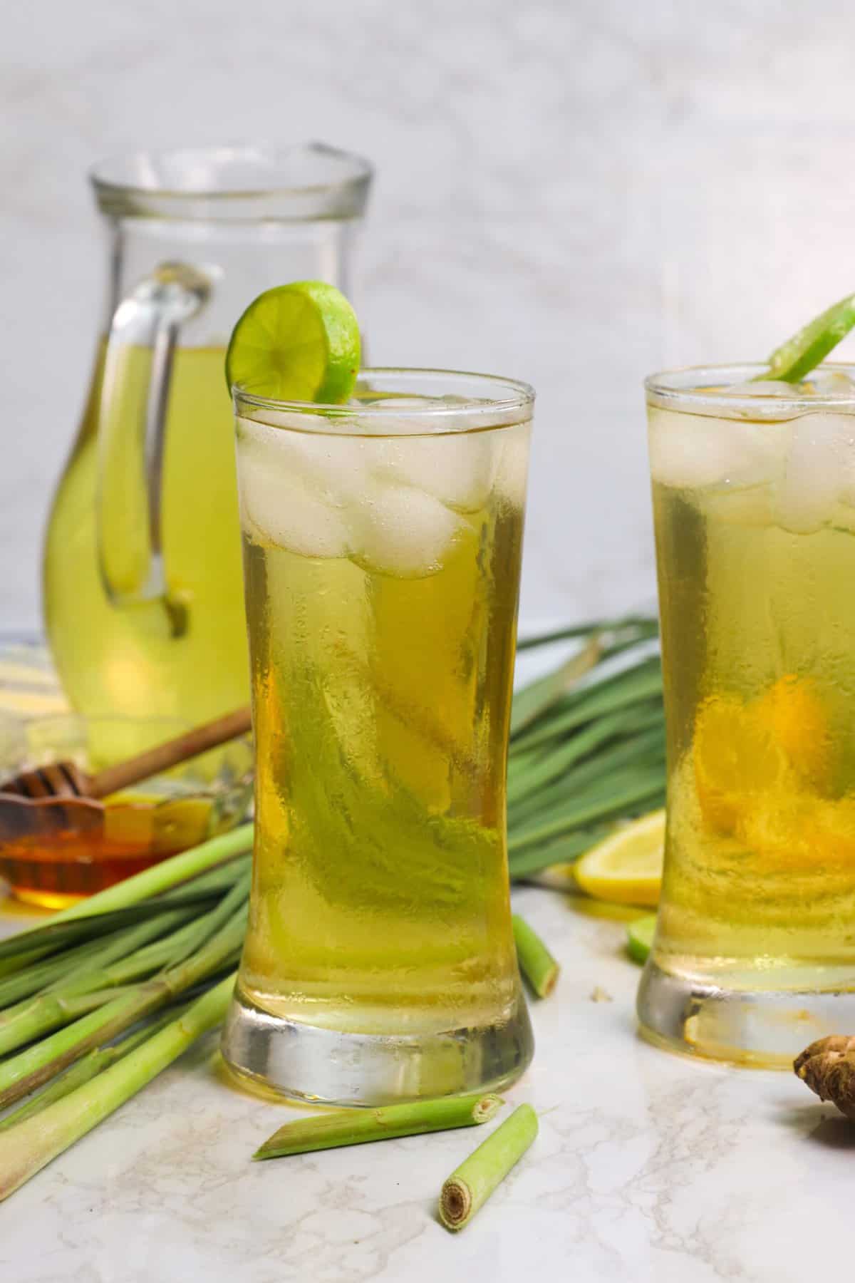 Enjoying a pitcher of iced lemongrass tea on a hot day