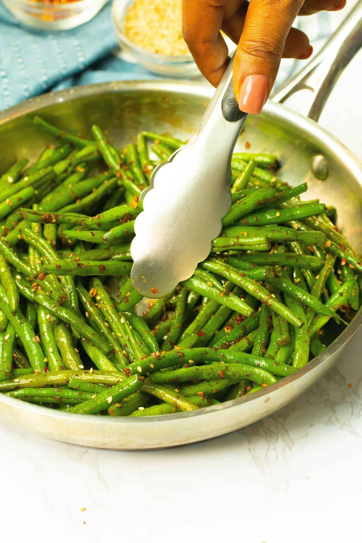 Serving up insanely delicious Spicy Green Beans fresh from the skillet