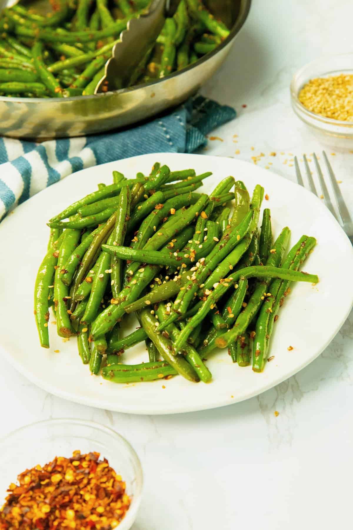 A plateful of deliciously seasoned spicy green beans to enjoy