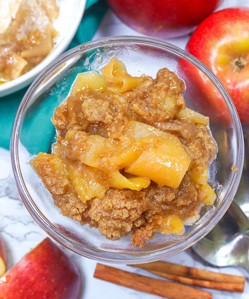 Enjoying a bowl of Apple Brown Betty spiced up with cinnamon.