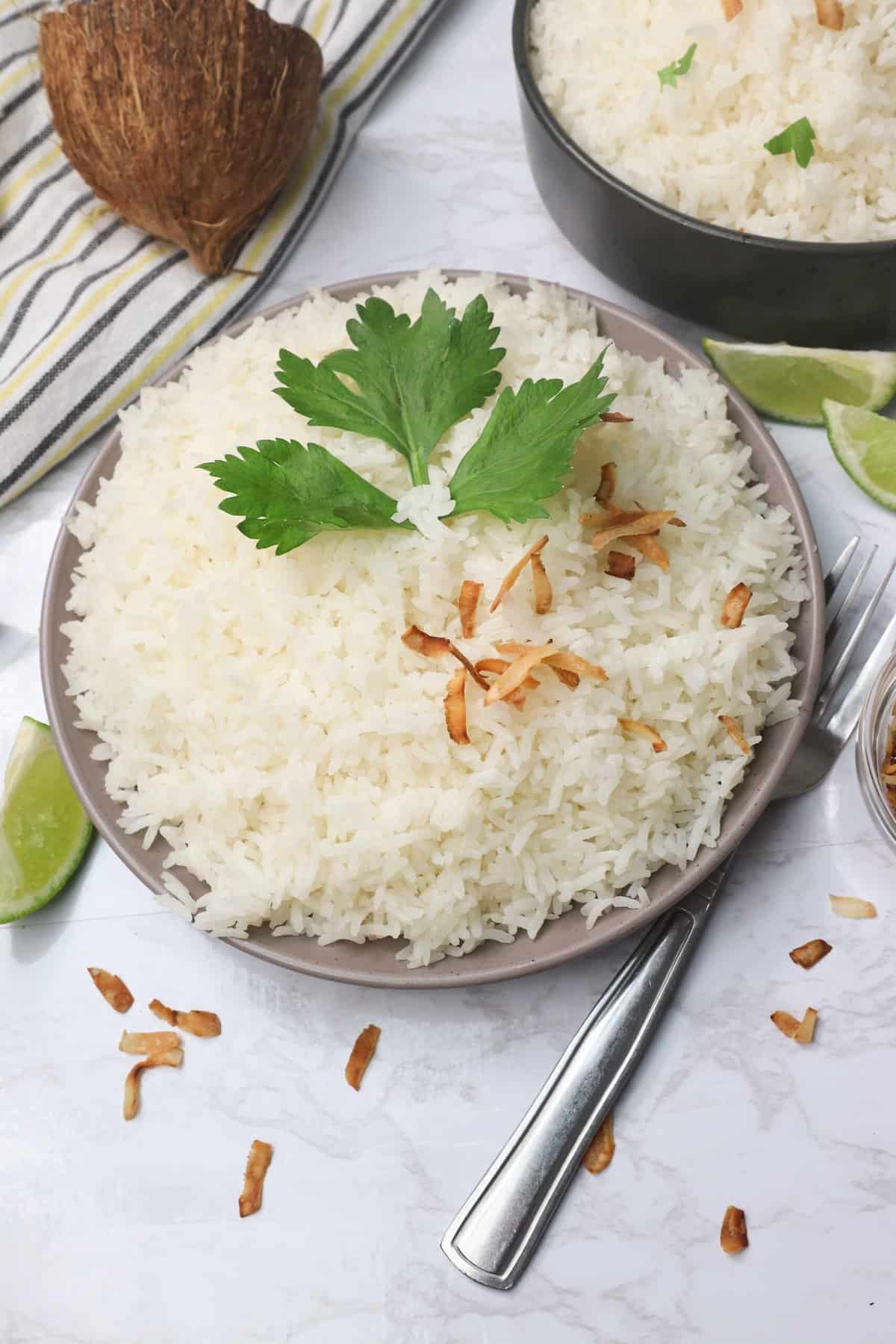 Tropically delicious Jasmine Coconut Rice garnished with cilantro and toasted coconut