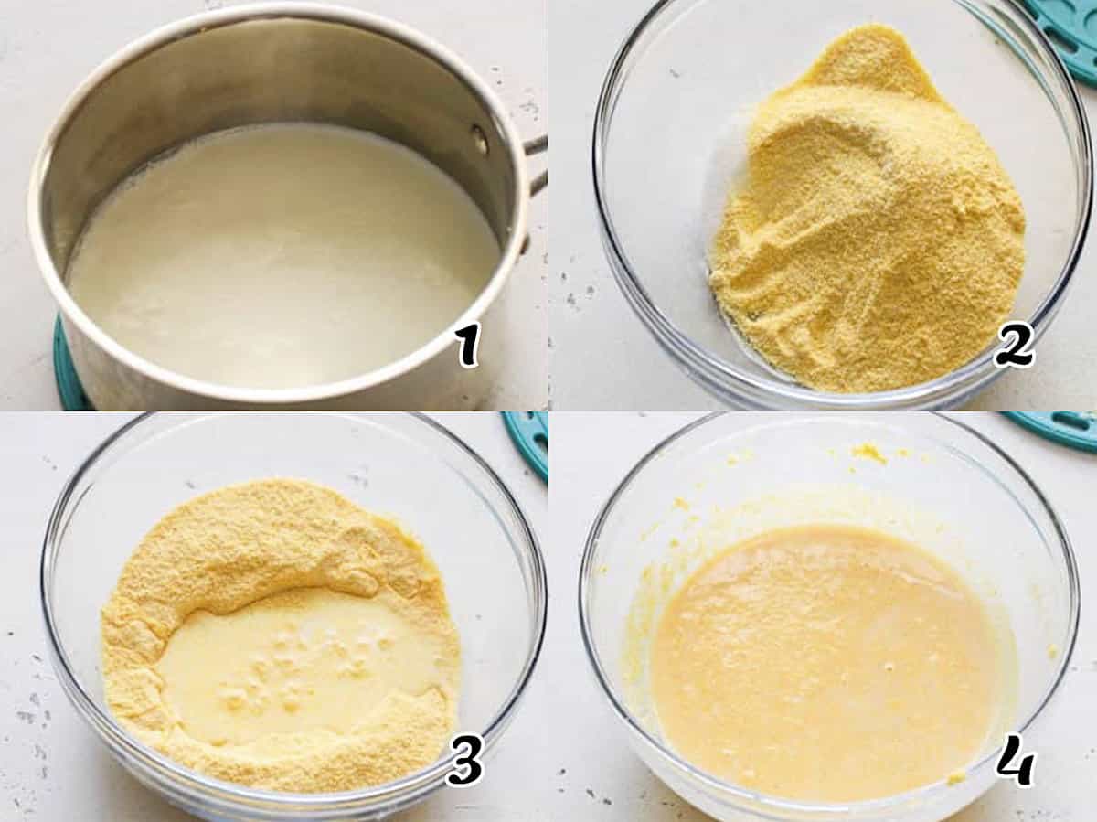 Heat some of the milk, mix dry ingredients, add the remaining milk to the dry ingredients, and stir well.