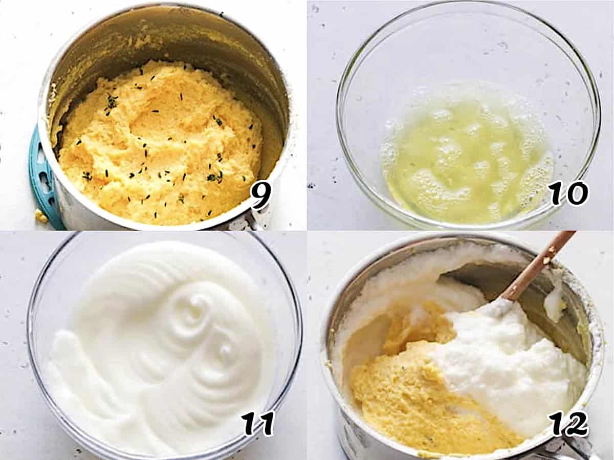Beat the egg whites and fold them into the batter.