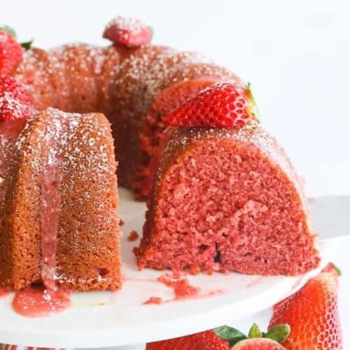 Slicing into a moist and tender strawberry pound cake