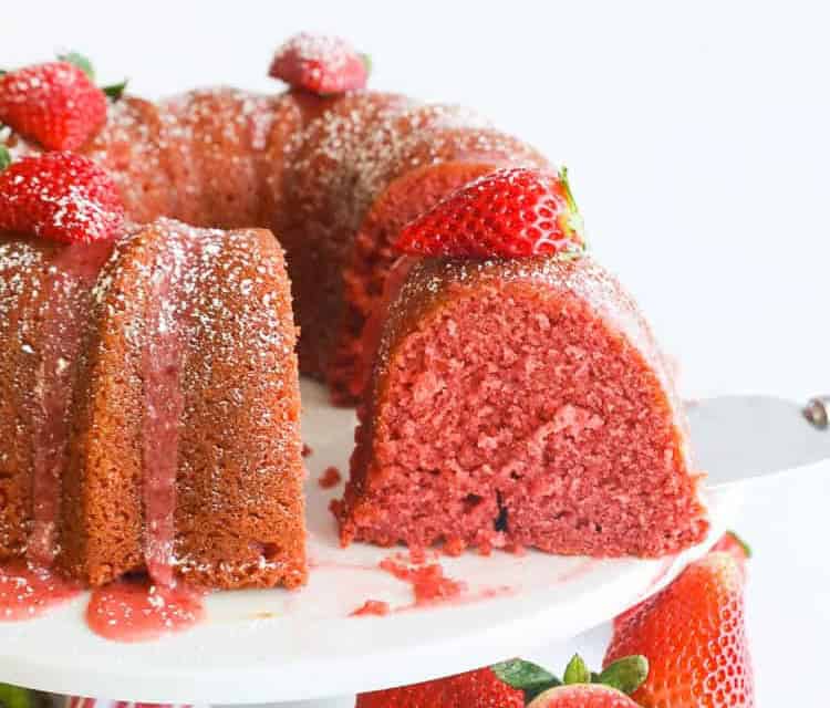 Slicing into a moist and tender strawberry pound cake