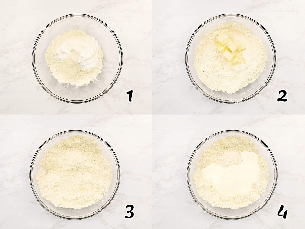 Mix the dry ingredients, cut in the butter and add the liquid