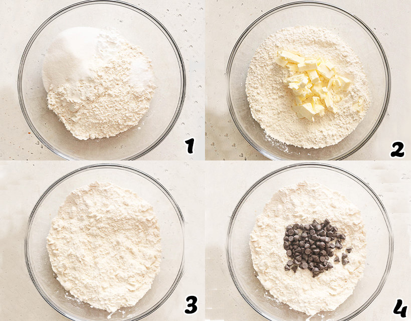 Mix dry ingredients, cut in butter, and add chocolate chips