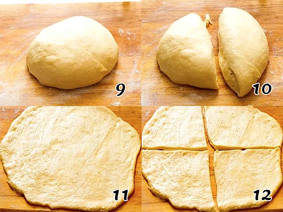 Divide the crescent roll dough and roll it out. Slice it like a pizza