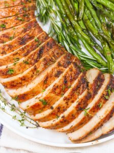 Tender, sliced turkey tenderloin ready to enjoy