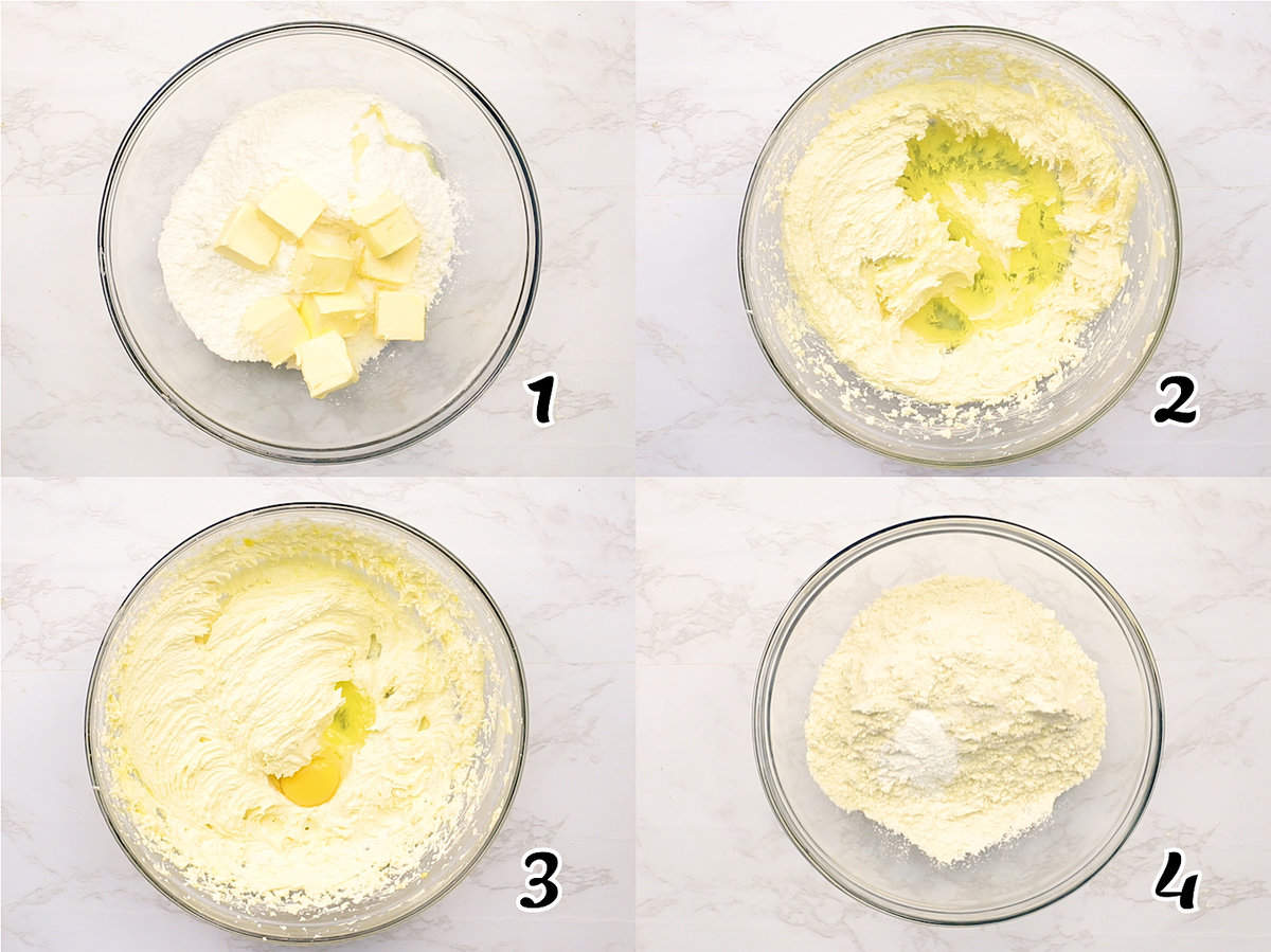 Cream butter, add oil and eggs, then mix dry ingredients