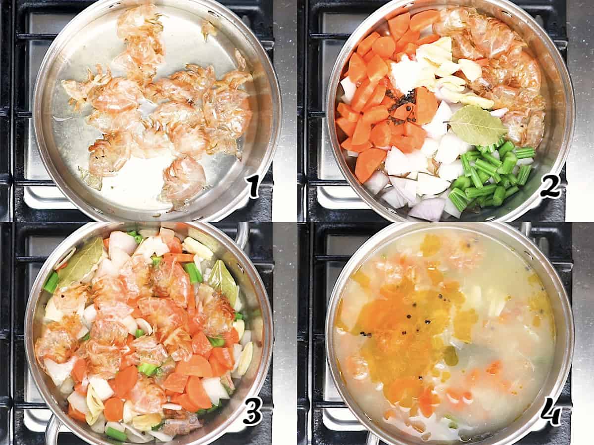 Saute the flavoring ingredients, add water, and simmer.