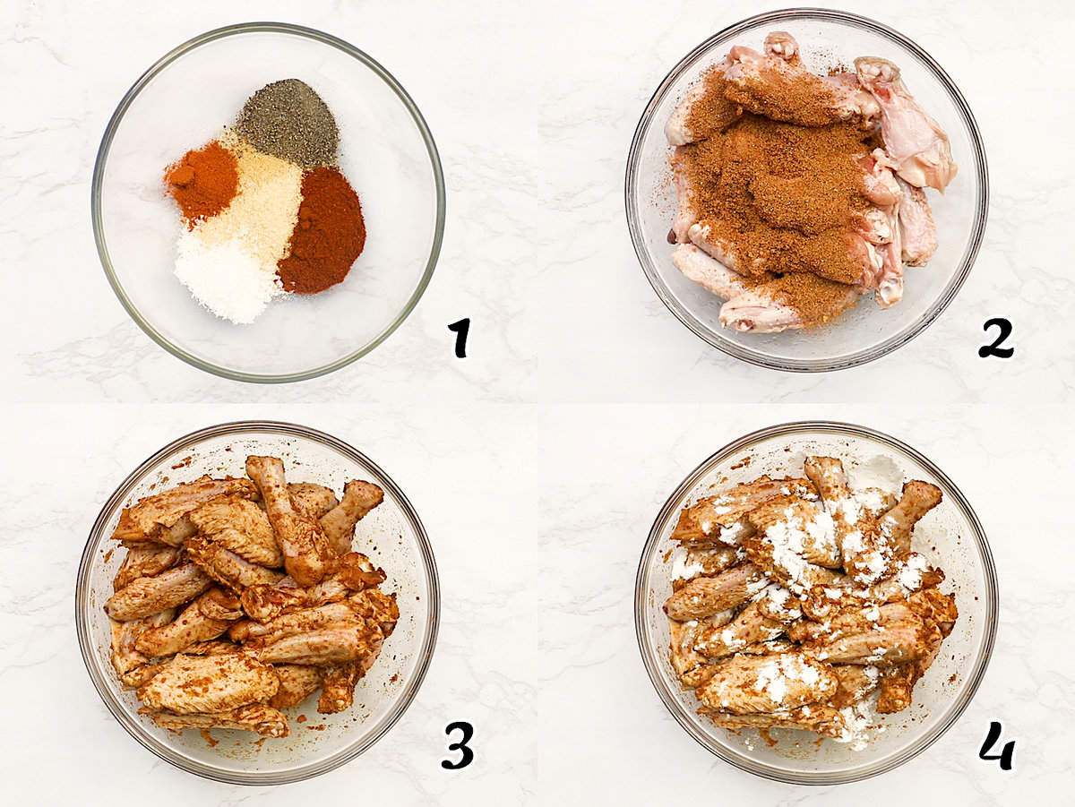 Mix the seasonings, marinate the chicken, then add baking powder for extra crispness