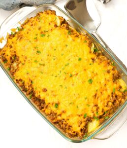Insanely delicious Ground Beef and Potato Casserole fresh from the oven and ready to enjoy