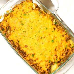 Insanely delicious Ground Beef and Potato Casserole fresh from the oven and ready to enjoy