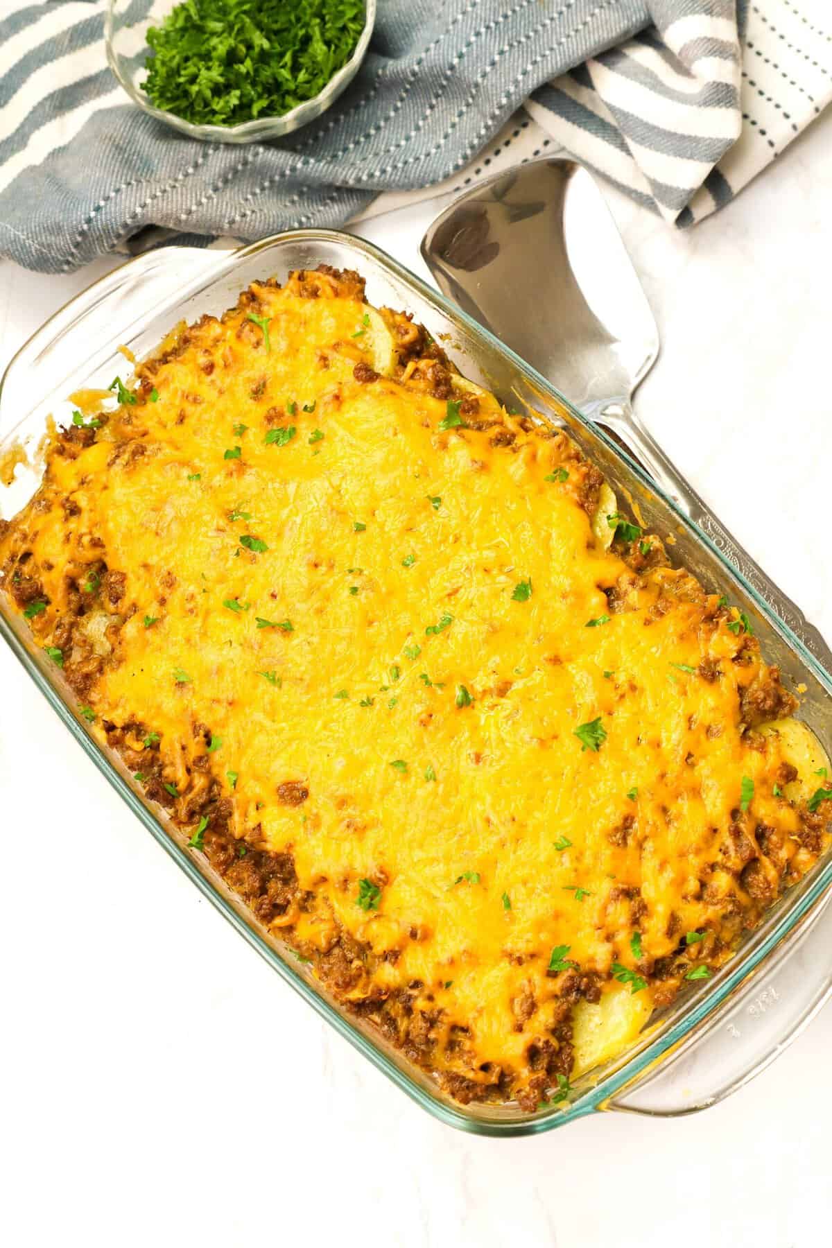 Insanely delicious Ground Beef and Potato Casserole fresh from the oven and ready to enjoy
