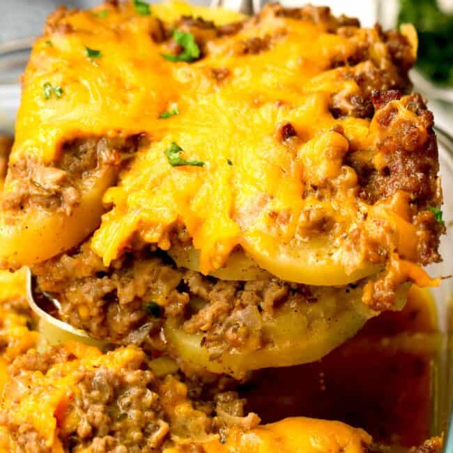 A delicious closeup of serving Ground Beef and Potato Casserole
