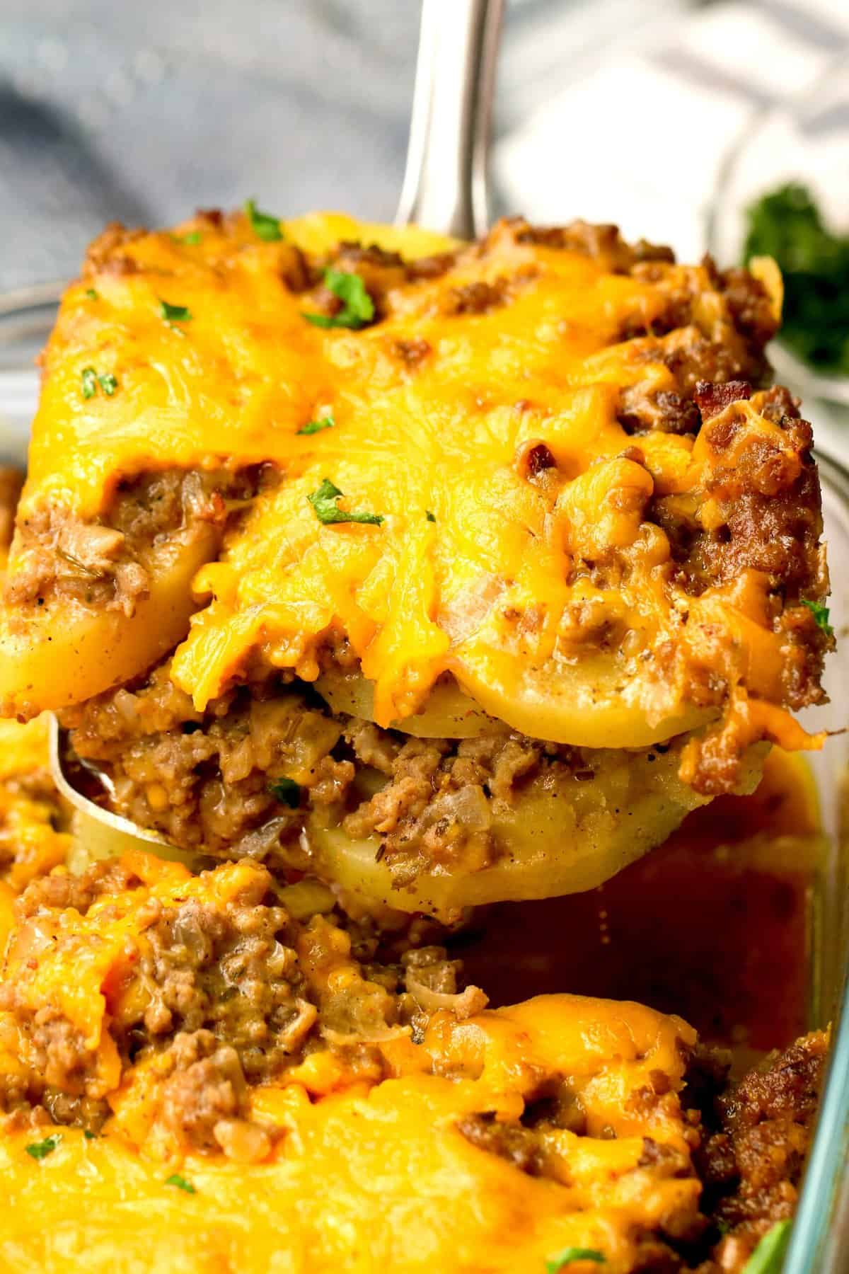 A delicious closeup of serving Ground Beef and Potato Casserole