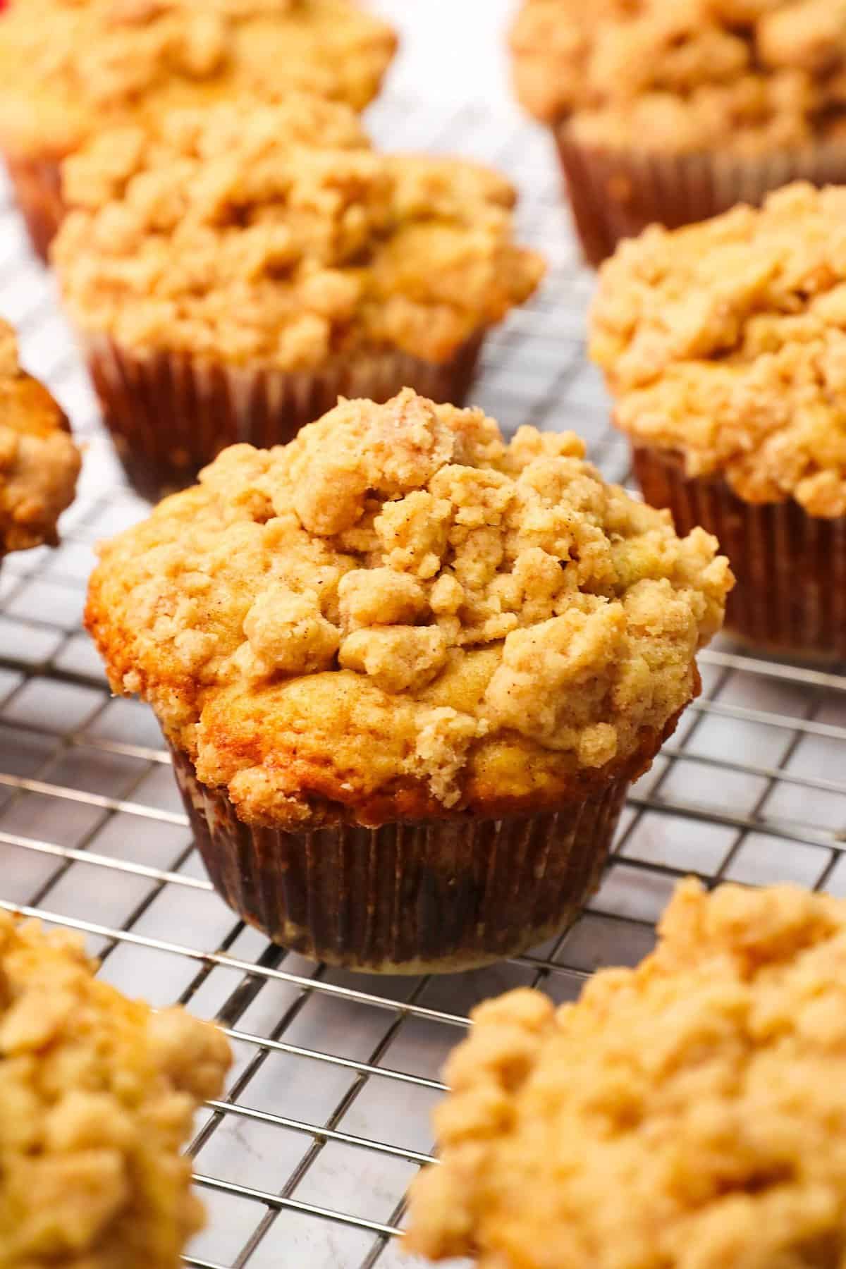 A delicious Apple Cinnamon Muffins with streusel topping ready to enjoy