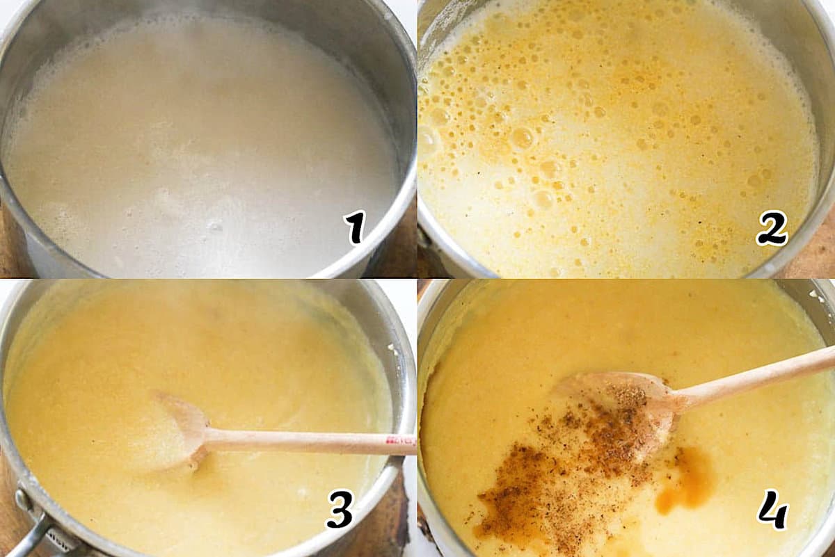 Heat the coconut milk and water, add the corn meal, simmer, add seasonings and serve