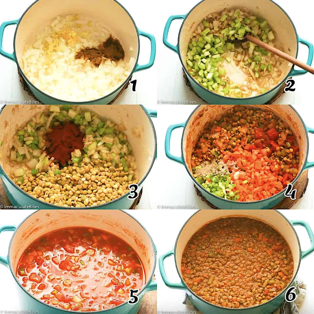 Saute seasonings, add lentils, then add liquid and simmer