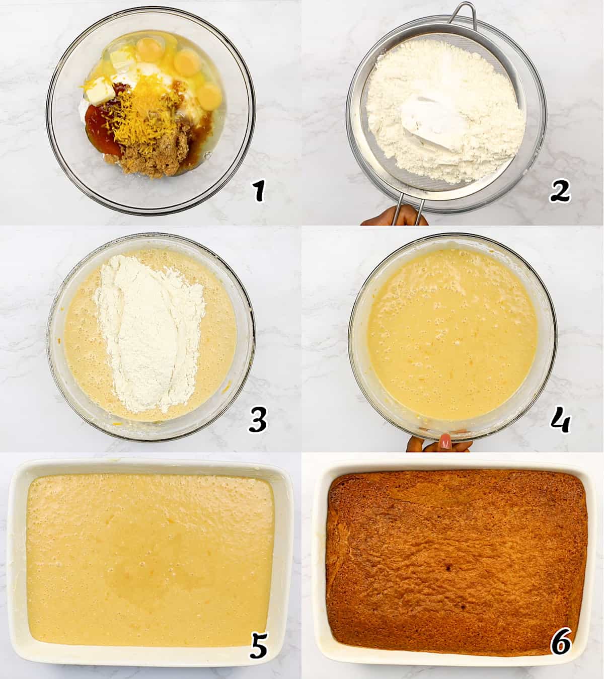 Make the cake, mix the wet ingredients, mix dry ingredients, then bake 