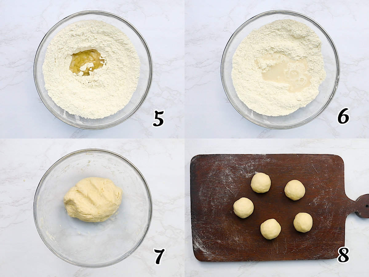 Make the wrap dough, let it rest, and divide it into five balls