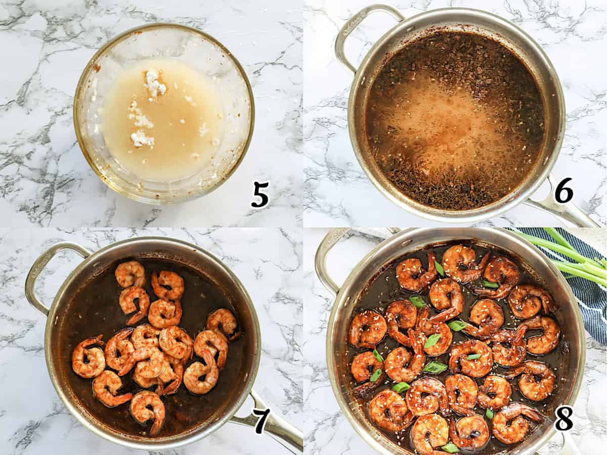 Make the cornstarch slurry, simmer sauce until thickened, and add shrimp