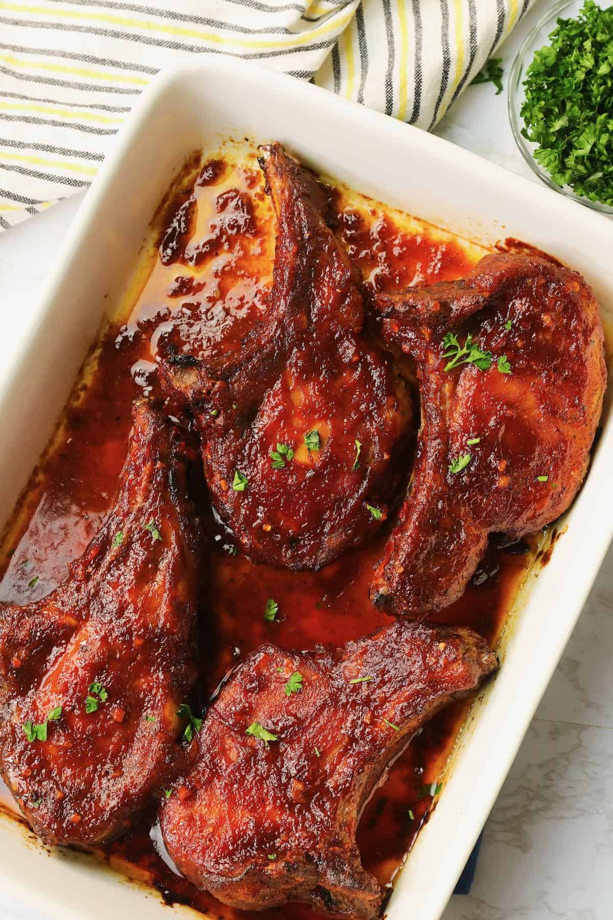 An insanely delicious platter of Oven BBQ Pork Chops fresh from the oven