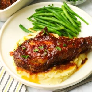 Comfort food Oven BBQ Pork Chops with mashed potatoes and roasted green beans