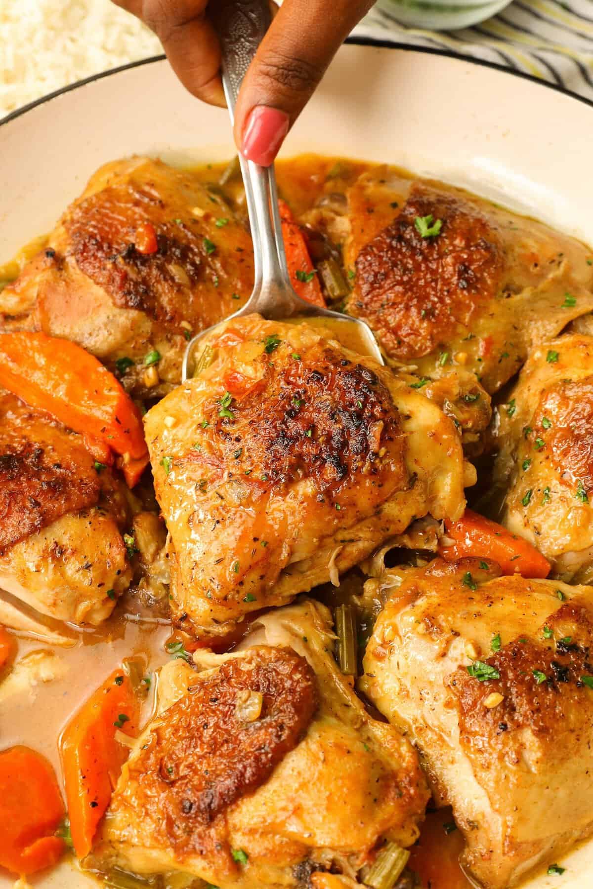 Serving up fresh from the oven Braised Chicken Thighs for a healthy dinner