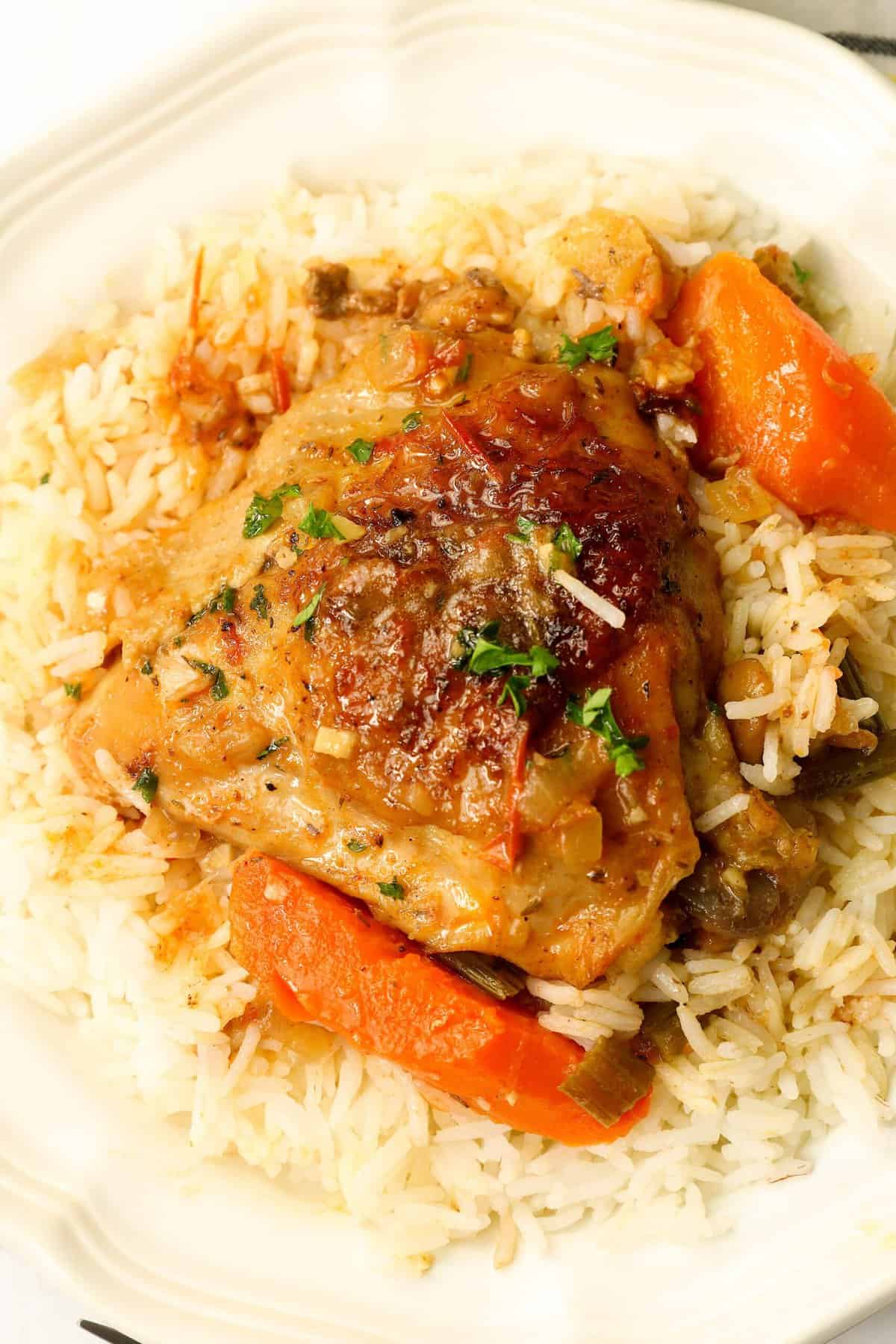 Serving Braised Chicken Thighs with rice and vegetables