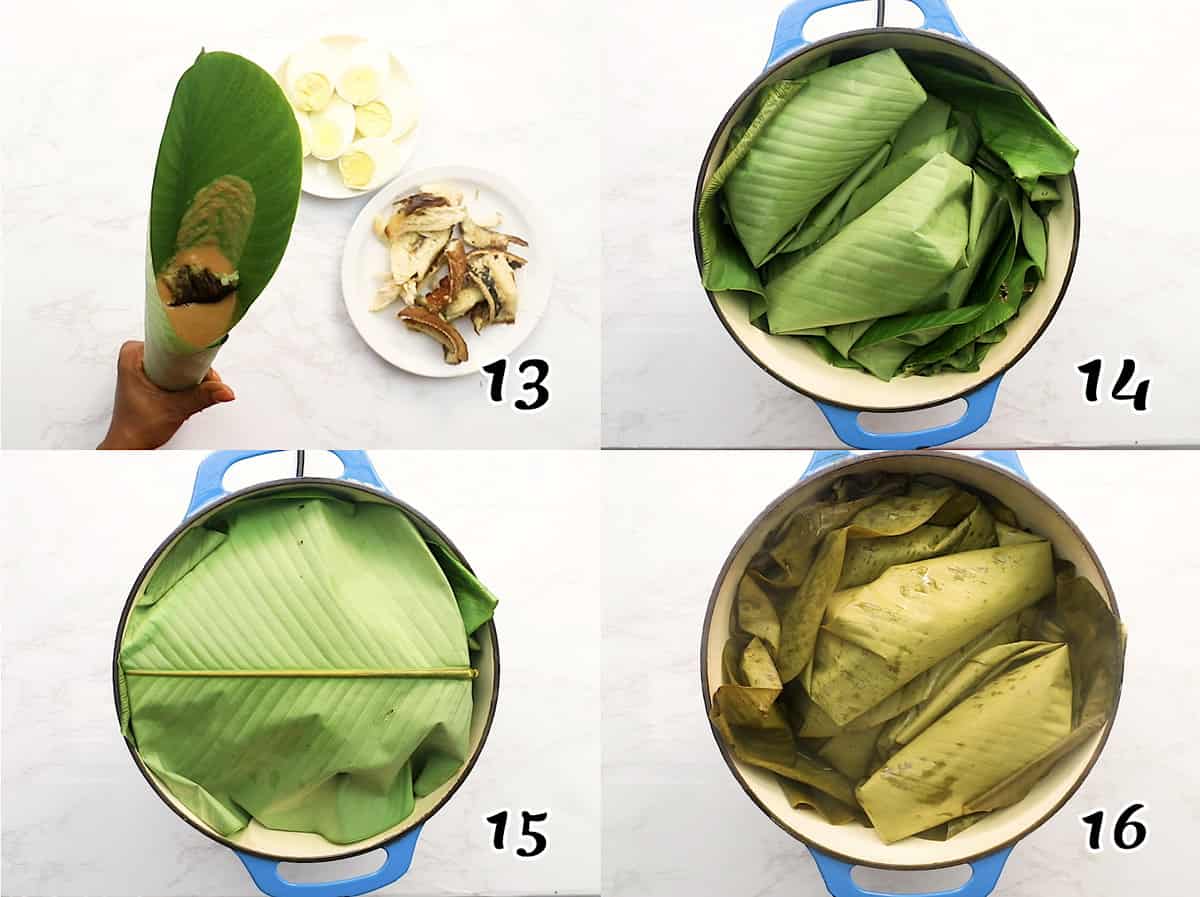 Making moi moi with banana leaves