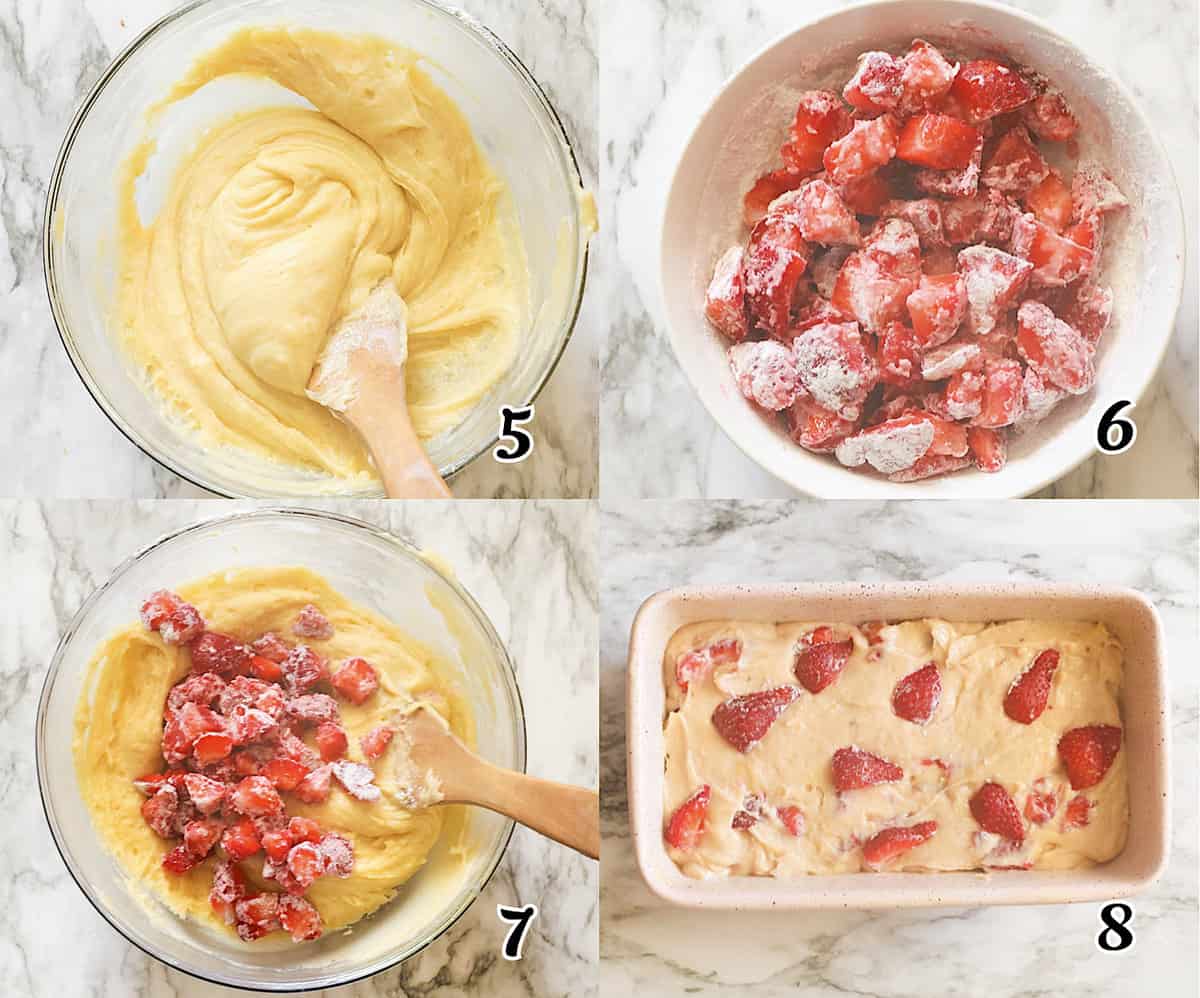 Add the strawberries and pour the batter into a 9x5 loaf pan to bake