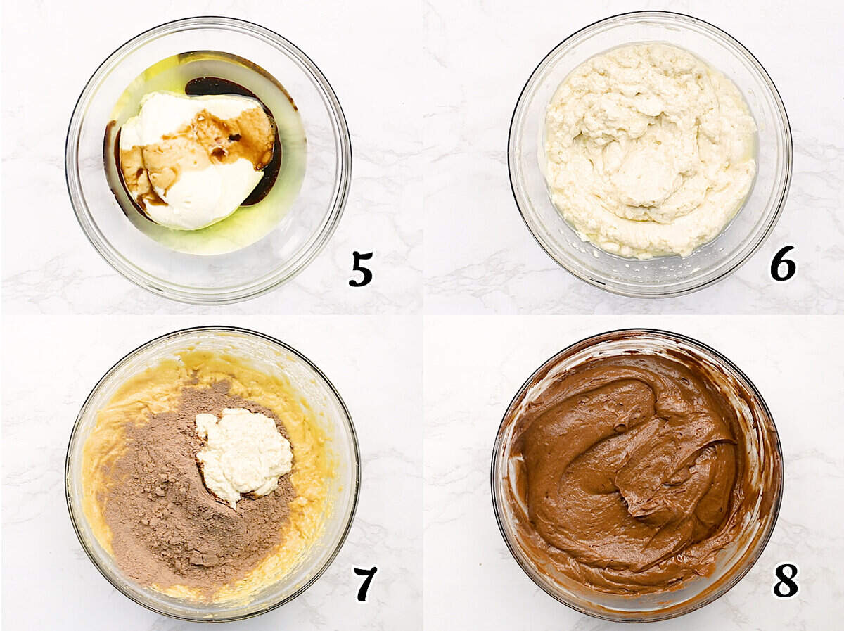 Mix the sour cream and vanilla, add the dry ingredients, creamed butter mixture and sour cream mixture to make the batter