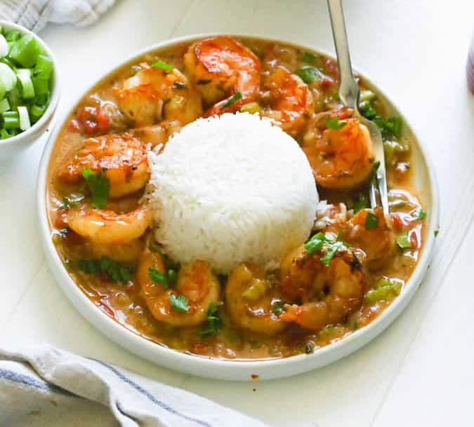 Shrimp etouffee with rice.