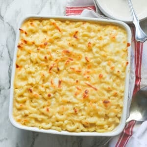 Getting ready to dive into freshly baked and insanely delicious smoked Gouda mac and cheese