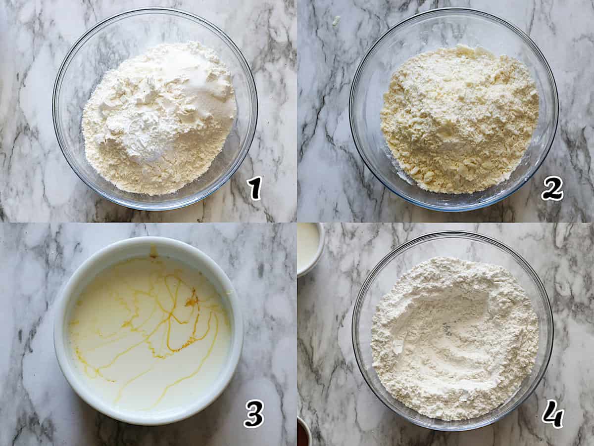 Mix the dry ingredients, cut in frozen butter, add liquids