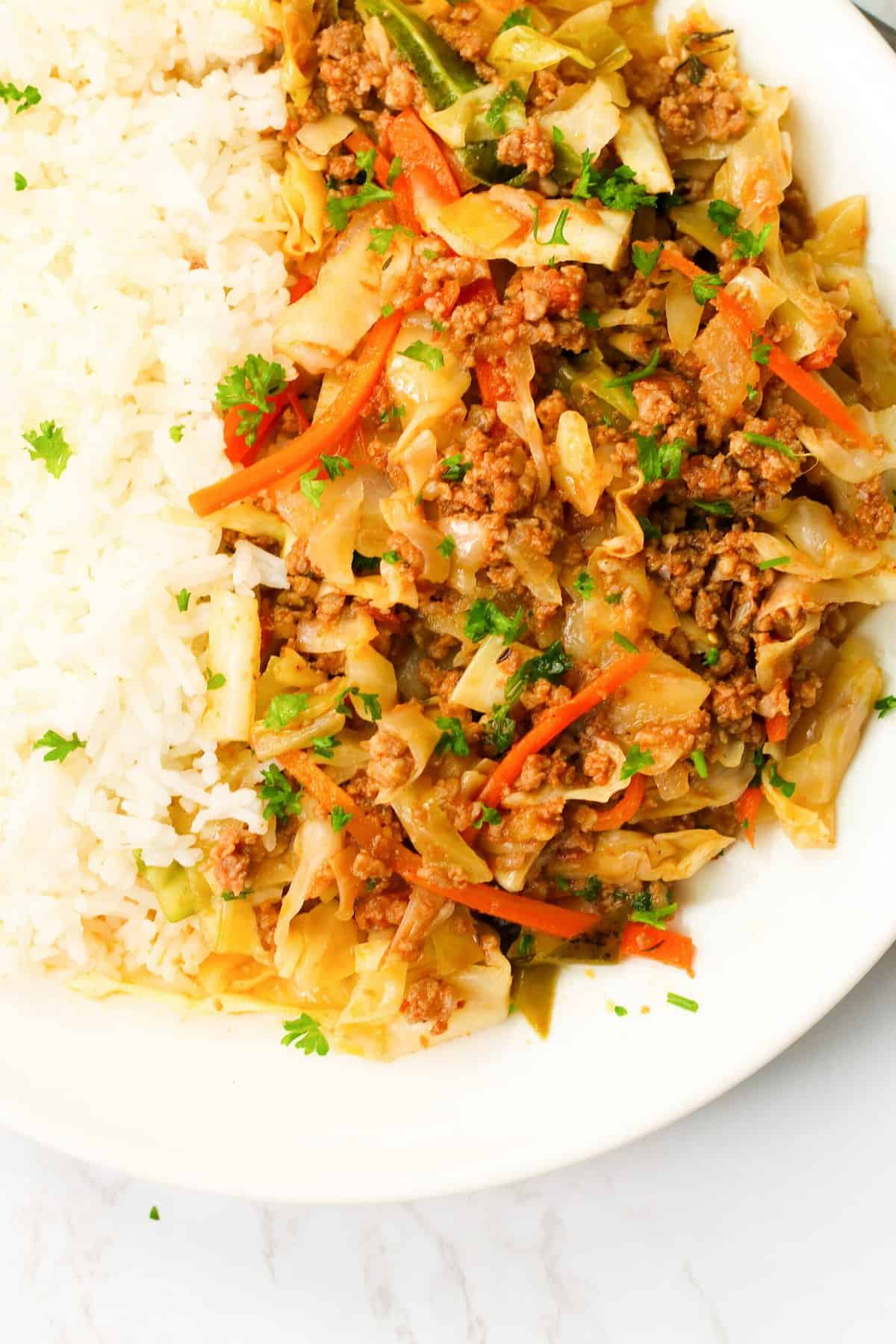 Savory, tasty Ground Beef and Cabbage with rice, perfect for New Years and St. Patrick's Day