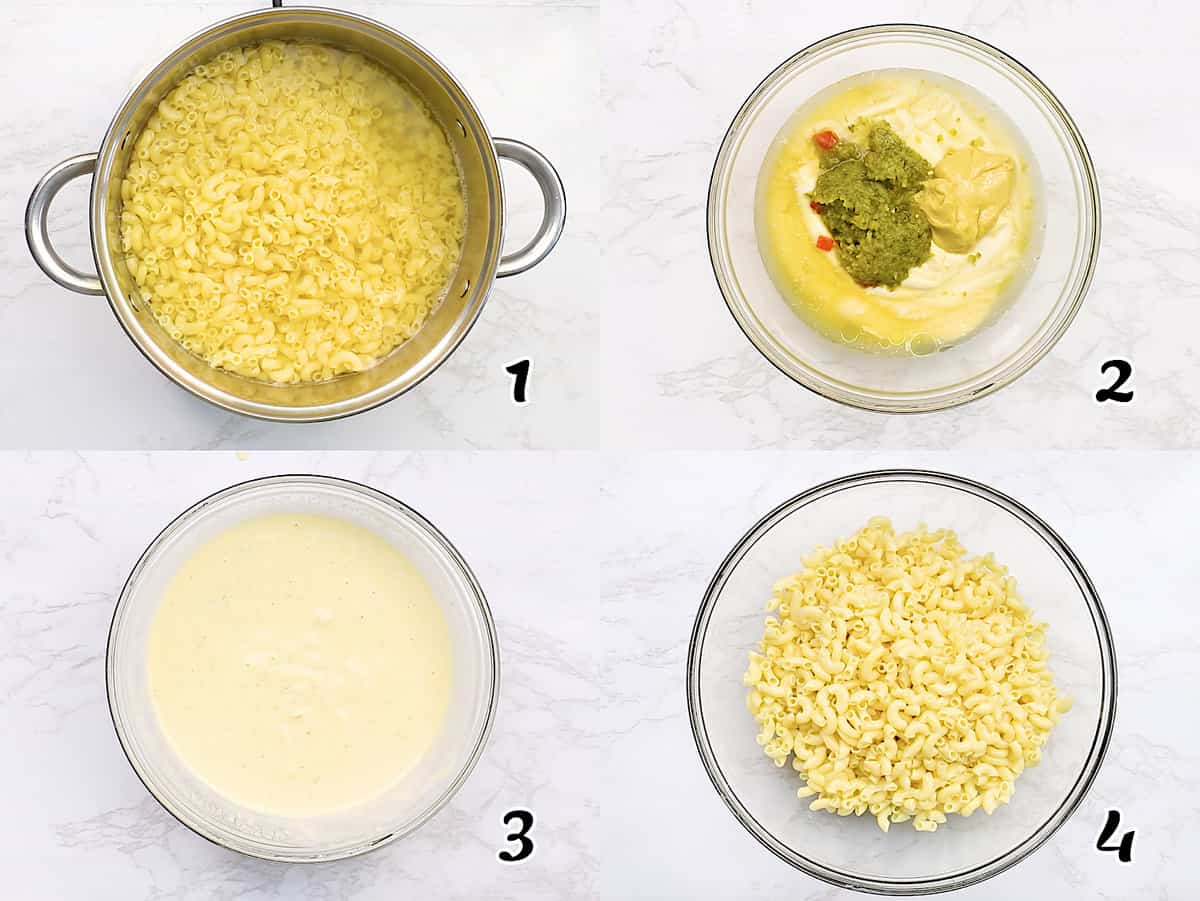 Cook the pasta, make the dressing, and start assembling