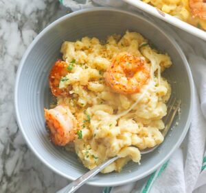 Decadent and cheesy shrimp mac and cheese for an elegant yet fast weeknight dinner