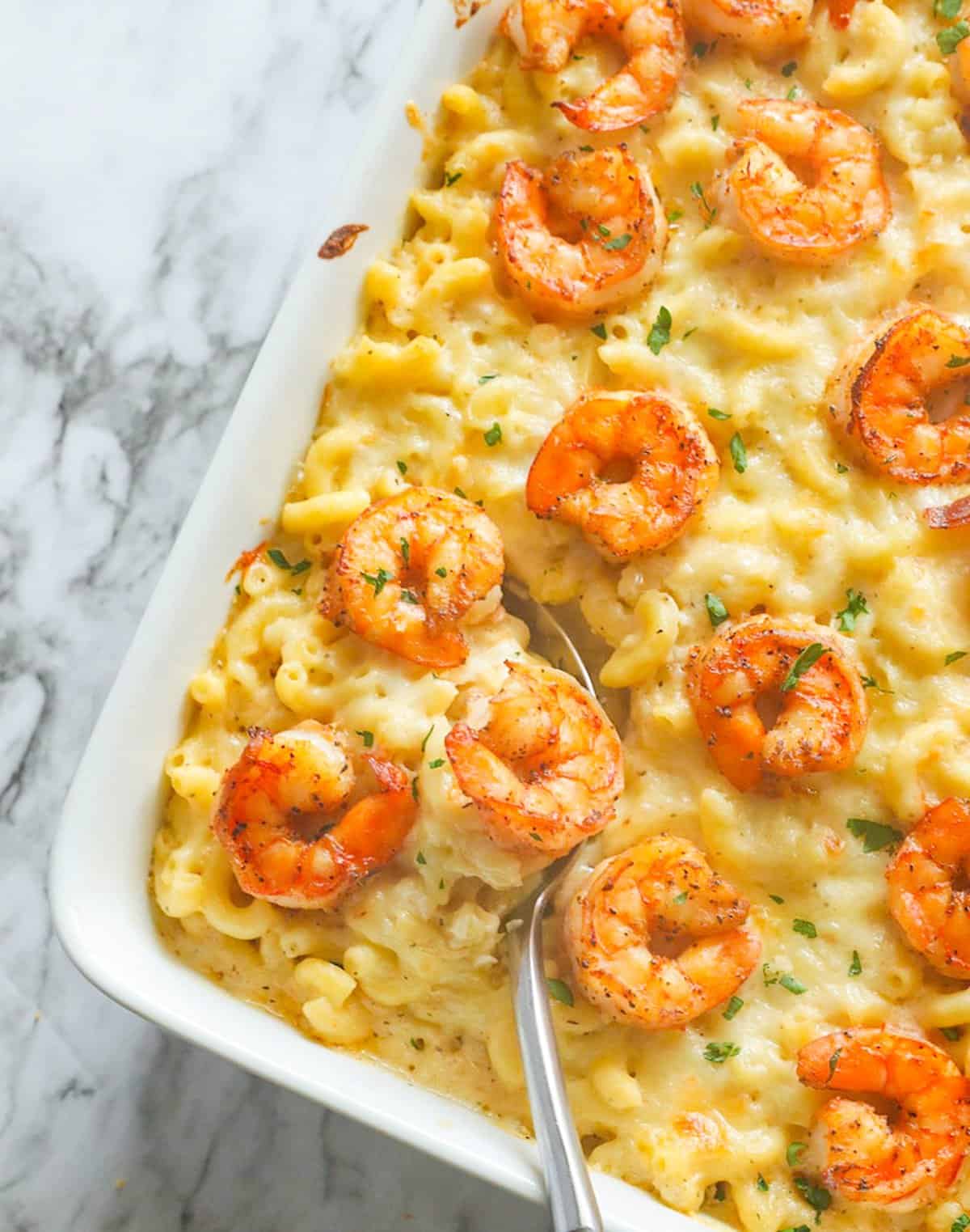 Diving into insanely delicious mac and cheese with shrimp
