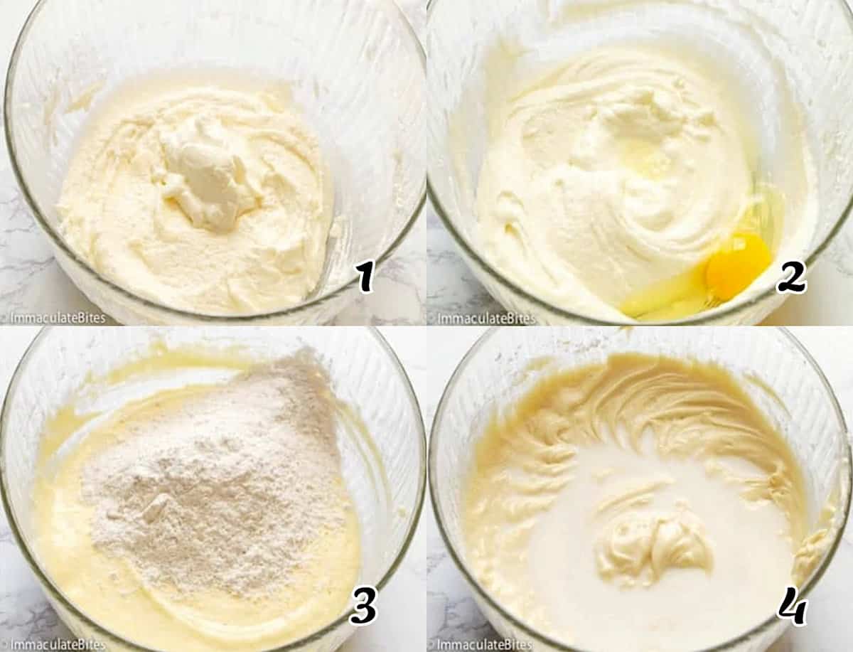 Cream oils and sugar, then the sour cream, add the eggs, and the dry ingredients and milk.