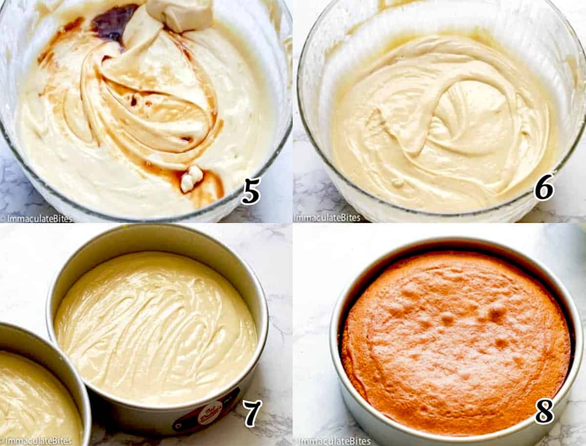 Add the extract, divide the batter between prepared pans, and bake.