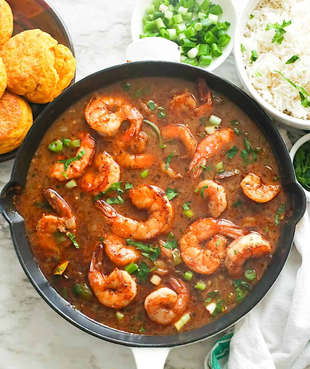 Delectable shrimp gumbo fresh off the stove and ready to serve over rice