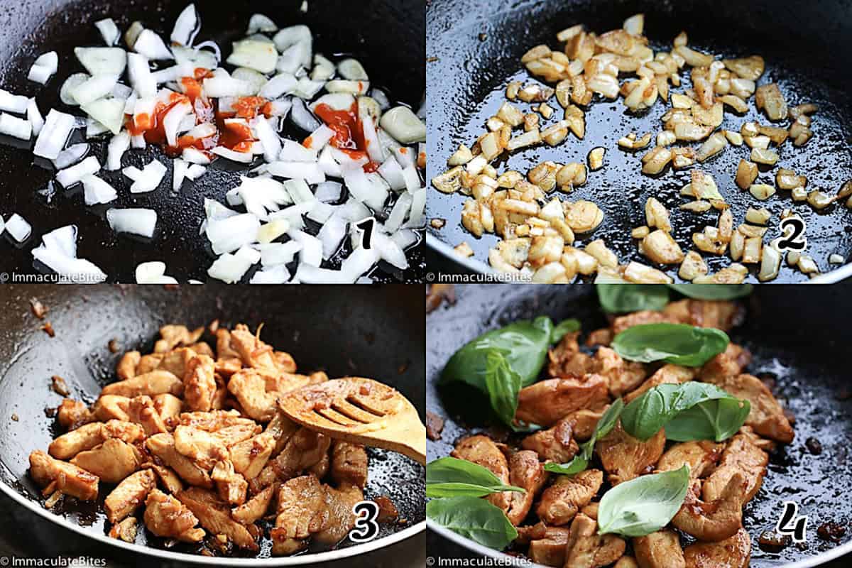 Stir-fry the vegetables, grill the meat, add the sauce and serve.
