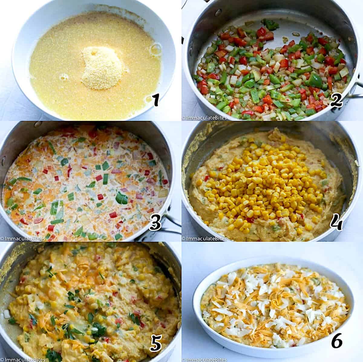 Mix the liquids with cornmeal, saute veggies, mix everything and bake