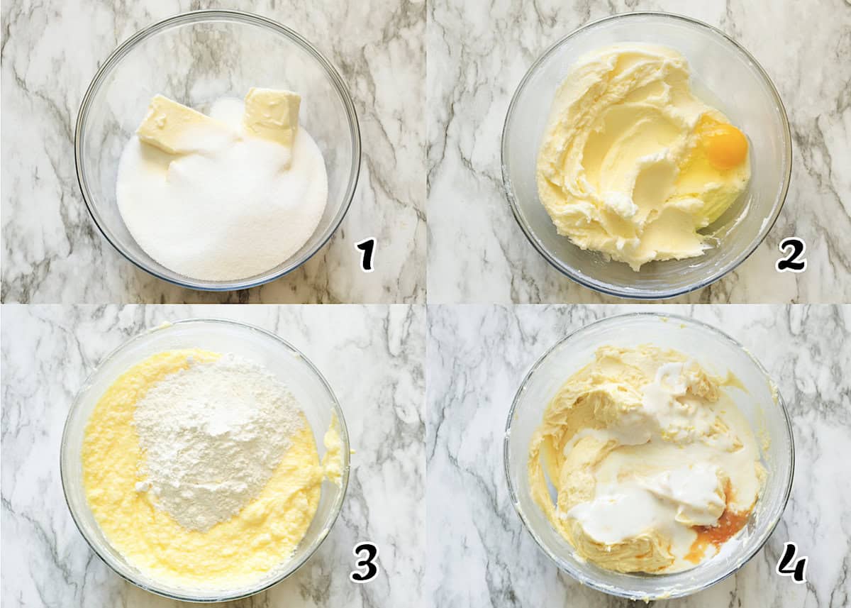 Cream the butter and sugar, add the eggs, mix in the dry ingredients, add the buttermilk and vanilla.