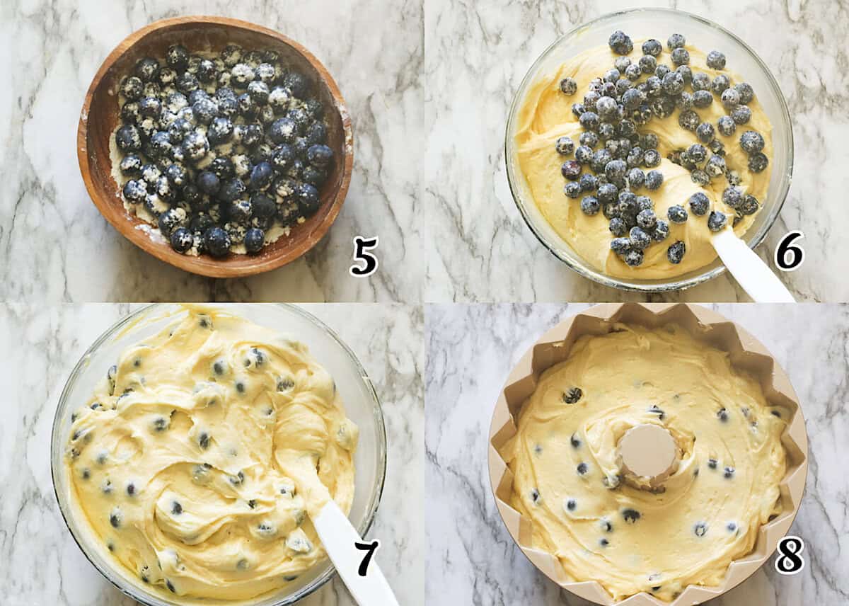 Dust the fruit in flour and add it to the batter before baking.