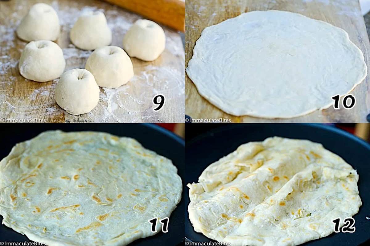Let the dough balls rest, roll them out again, and cook on a greased griddle