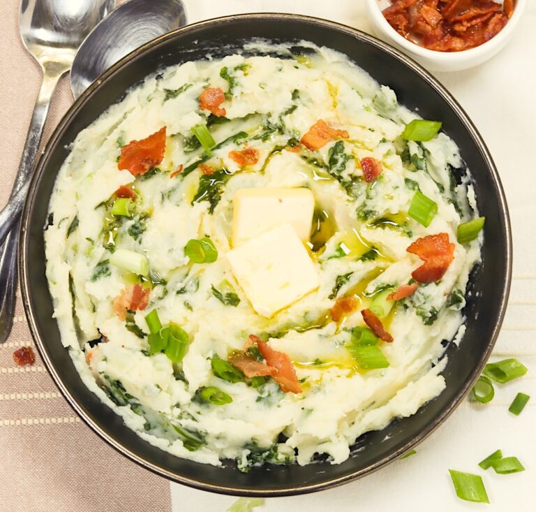 Enjoying a huge bowl of colcannon potatoes topped with green onions and bacon